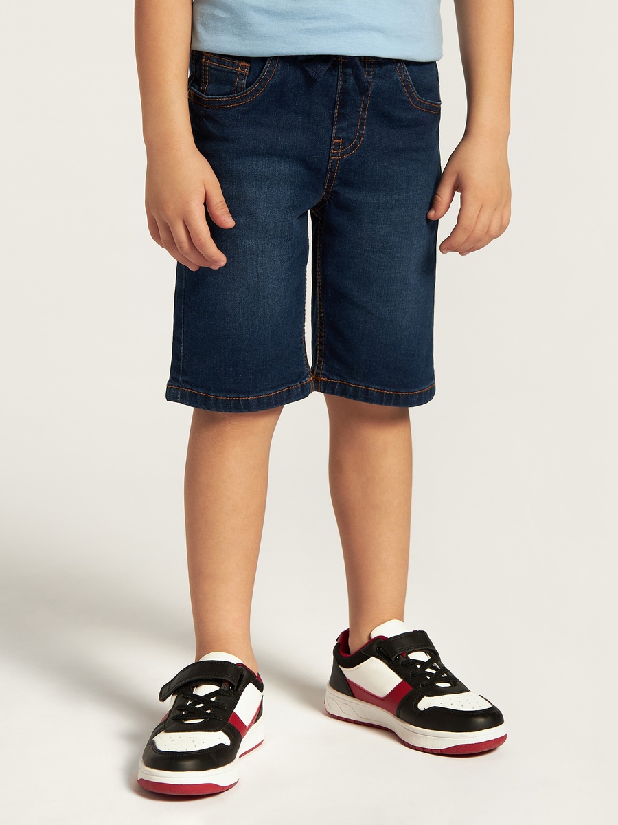 Solid Denim Shorts with Drawstring Closure and Pockets