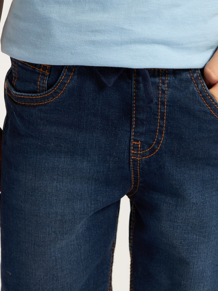 Solid Denim Shorts with Drawstring Closure and Pockets