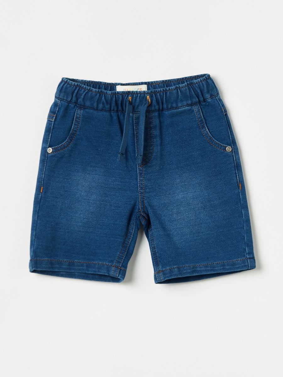 Solid Denim Shorts with Drawstring Closure and Pockets