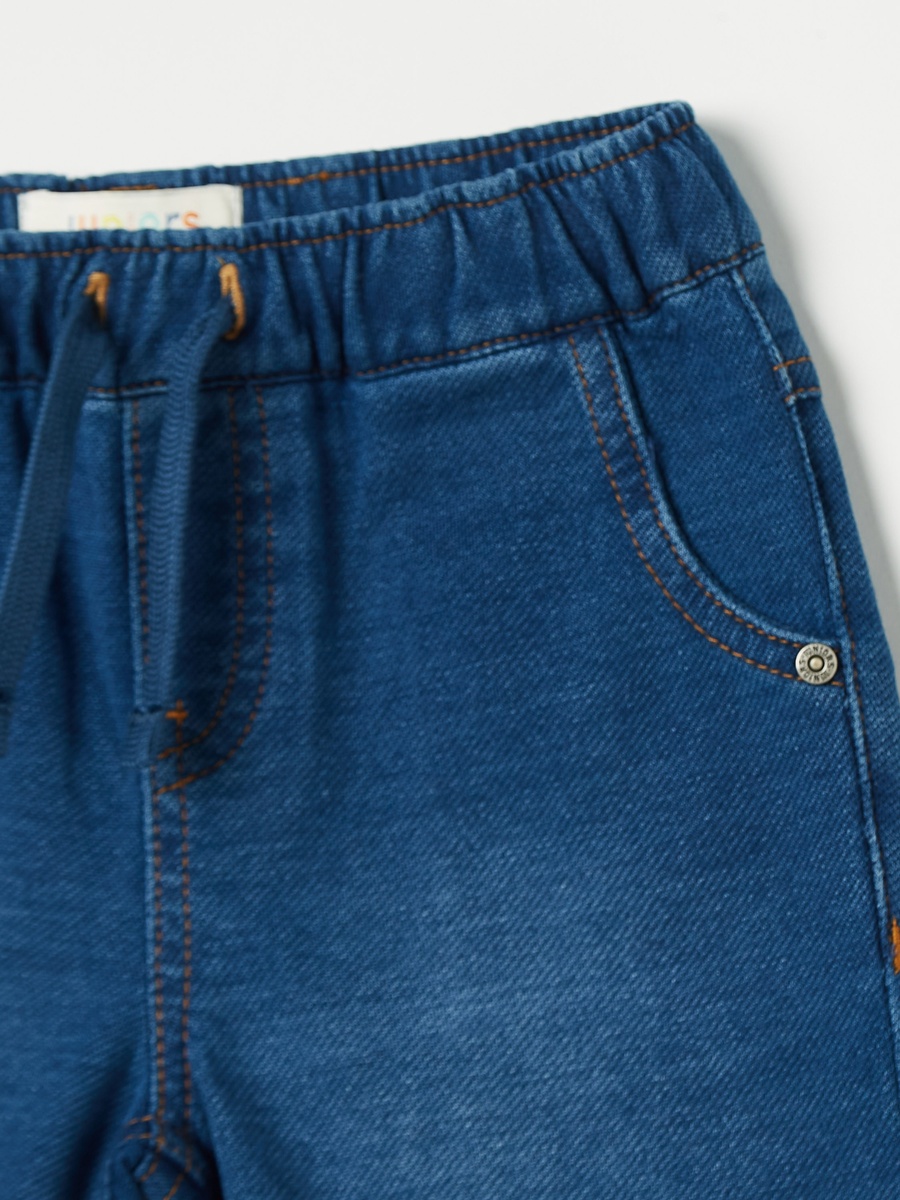Solid Denim Shorts with Drawstring Closure and Pockets