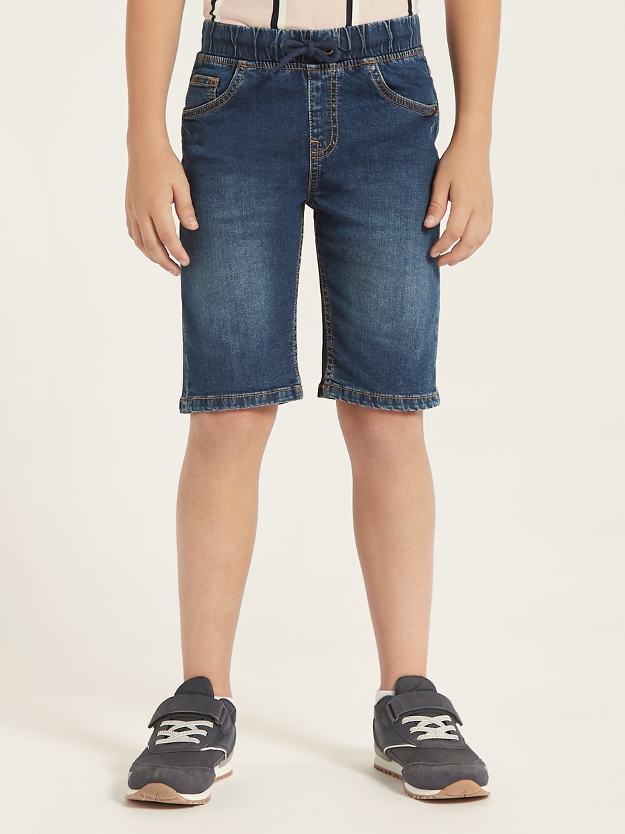 Solid Denim Shorts with Drawstring Closure and Pockets