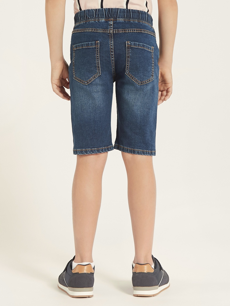 Solid Denim Shorts with Drawstring Closure and Pockets