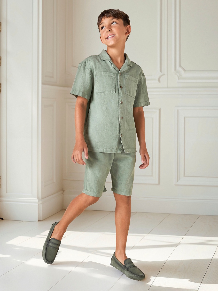 Solid Camp Collar Shirt and Shorts Set
