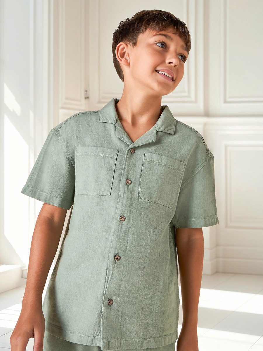 Solid Camp Collar Shirt and Shorts Set