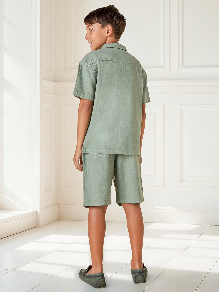 Solid Camp Collar Shirt and Shorts Set