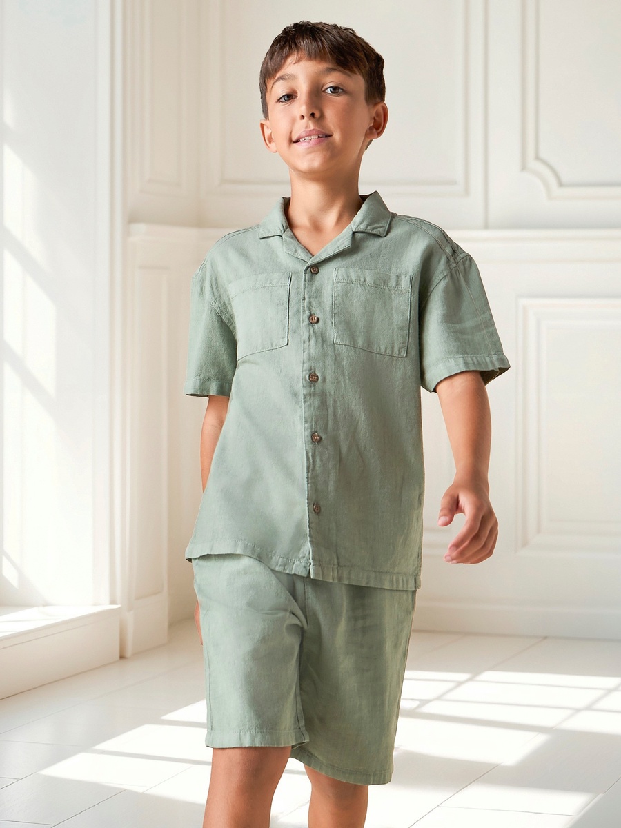 Solid Camp Collar Shirt and Shorts Set