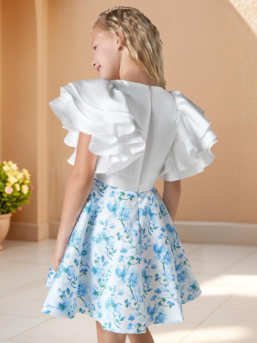 Floral Print Dress with Round Neck and Layered Sleeves