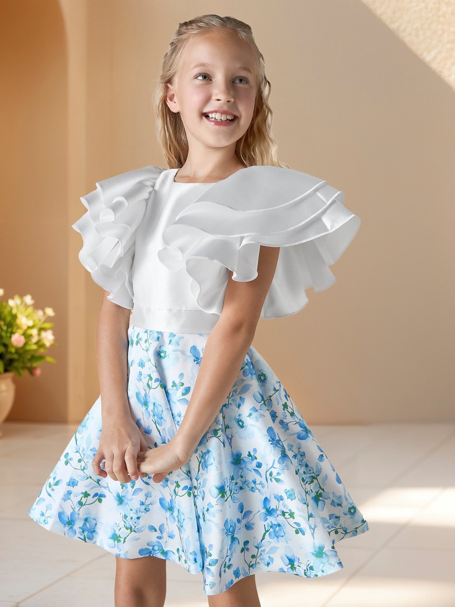 Floral Print Dress with Round Neck and Layered Sleeves