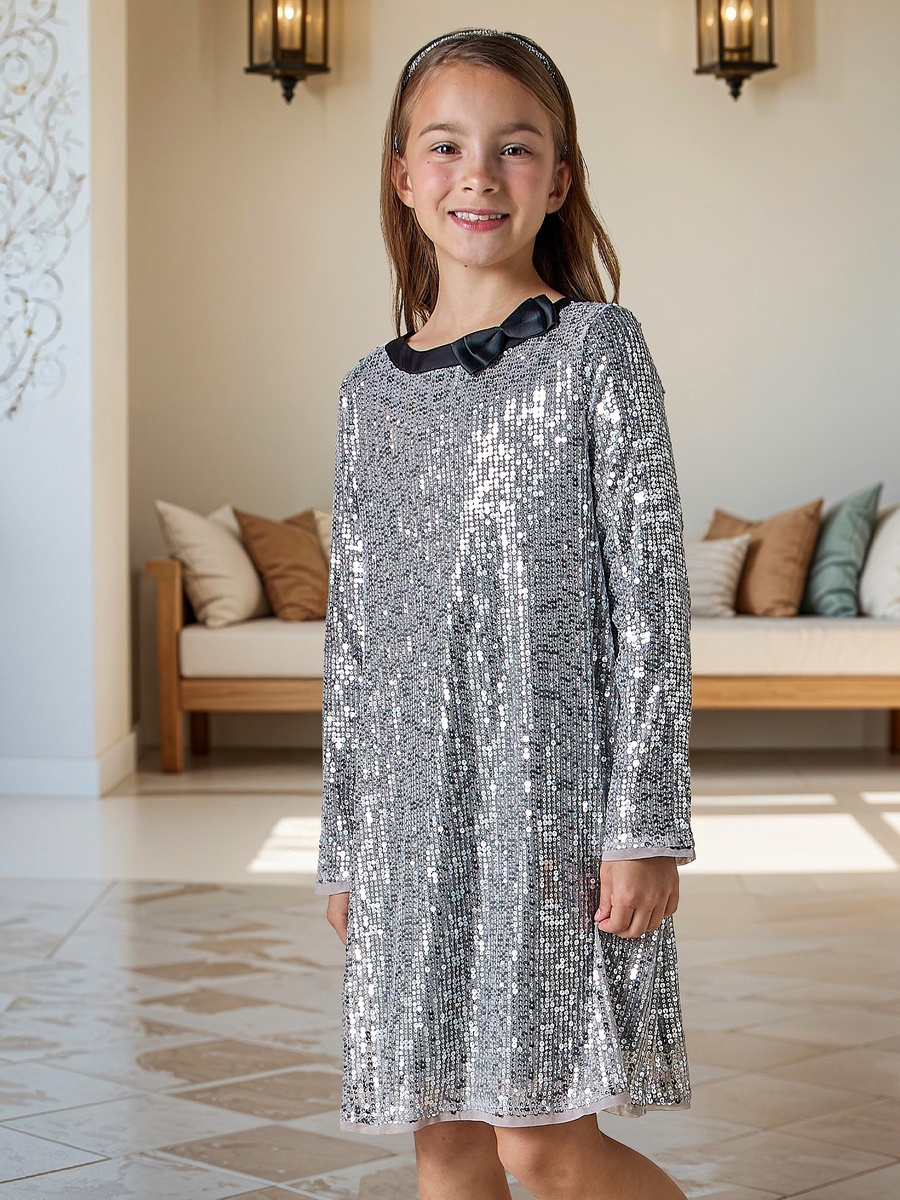 Sequinned A-line Dress with Long Sleeves and Bow Applique