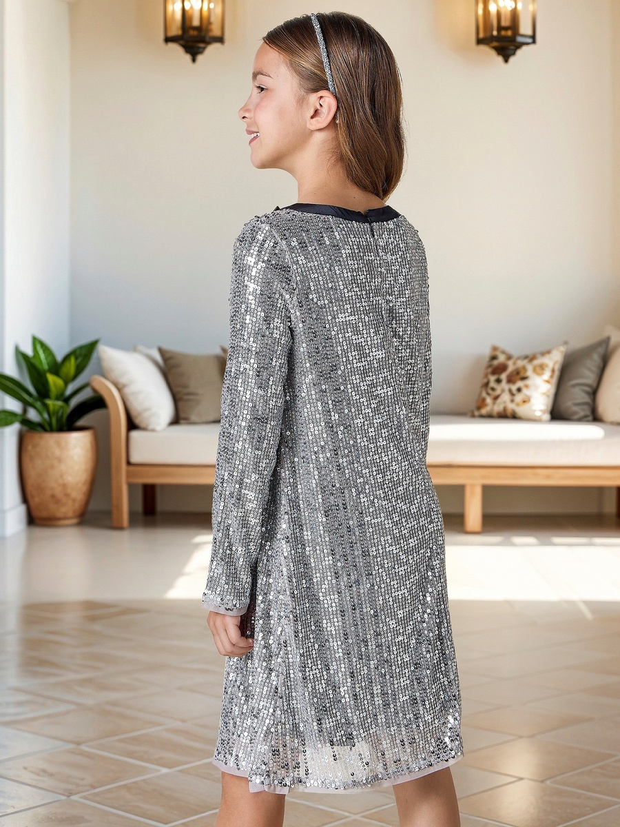 Sequinned A-line Dress with Long Sleeves and Bow Applique