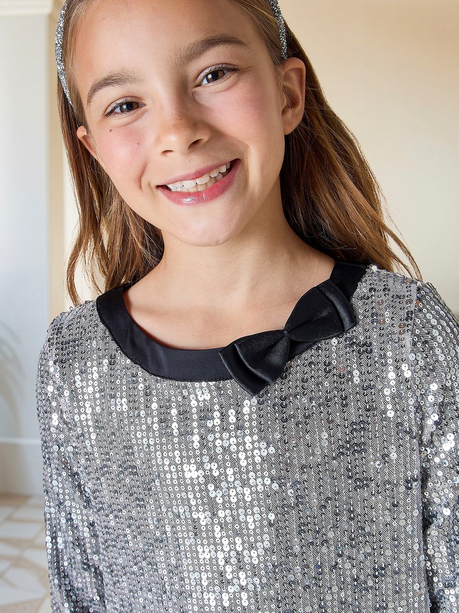 Sequinned A-line Dress with Long Sleeves and Bow Applique