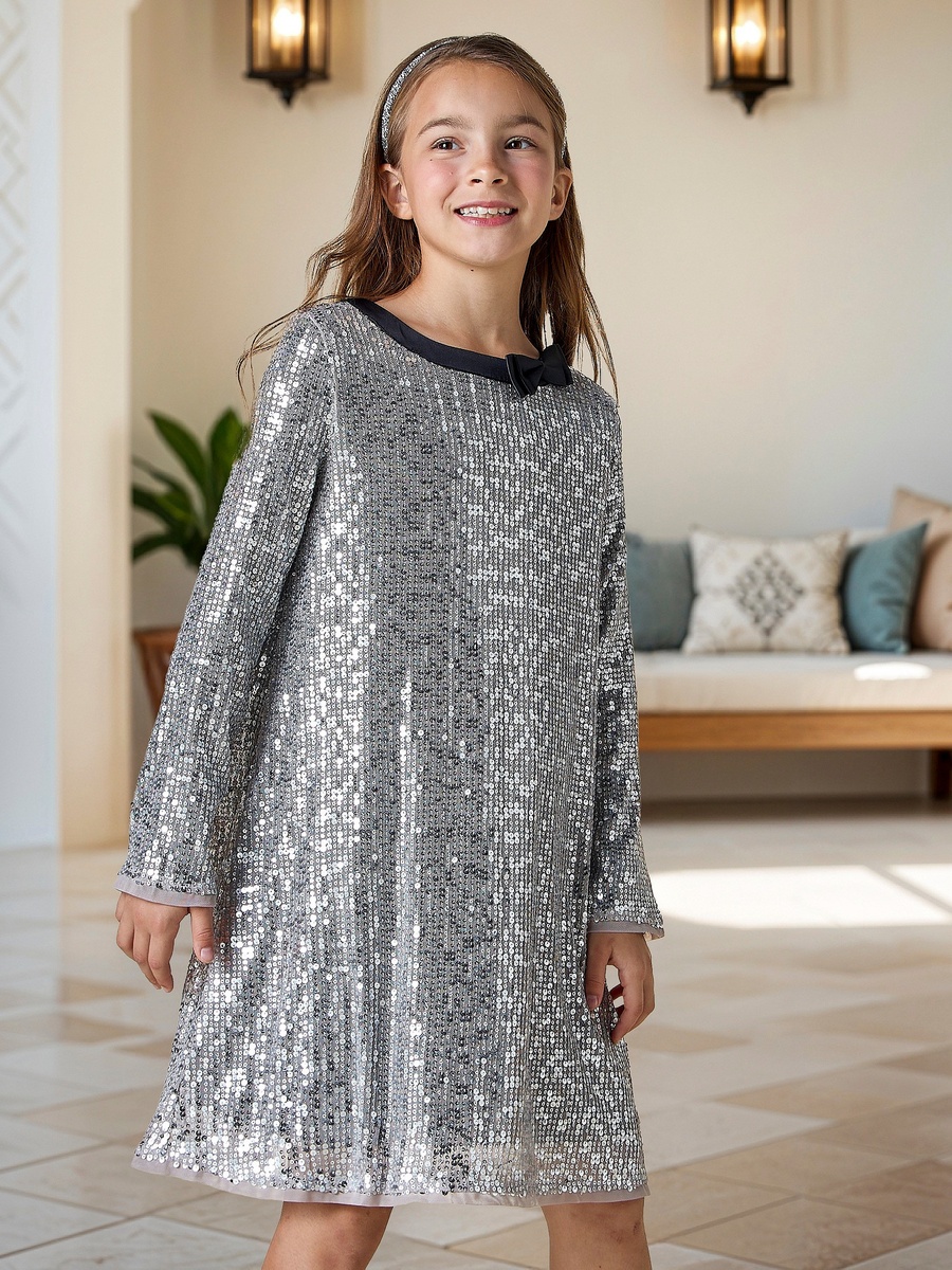Sequinned A-line Dress with Long Sleeves and Bow Applique