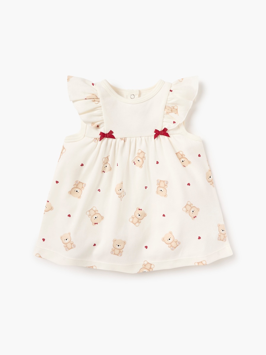 Bear Print Sleeveless Dress with Ruffle Detail and Round Neck
