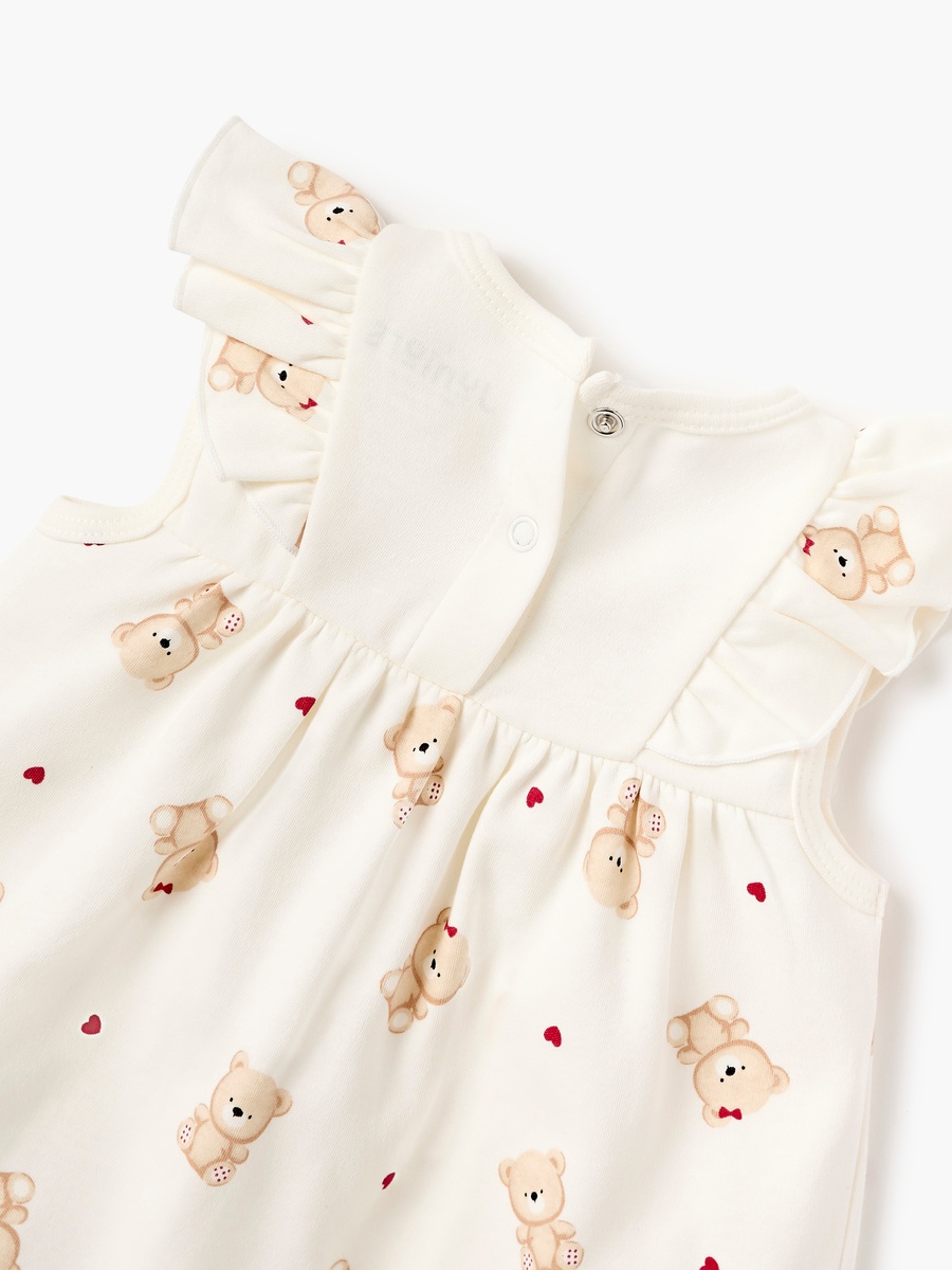 Bear Print Sleeveless Dress with Ruffle Detail and Round Neck