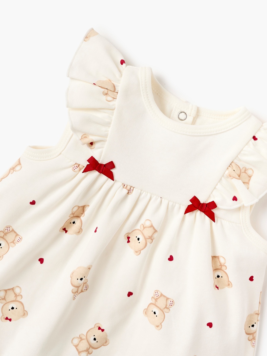 Bear Print Sleeveless Dress with Ruffle Detail and Round Neck