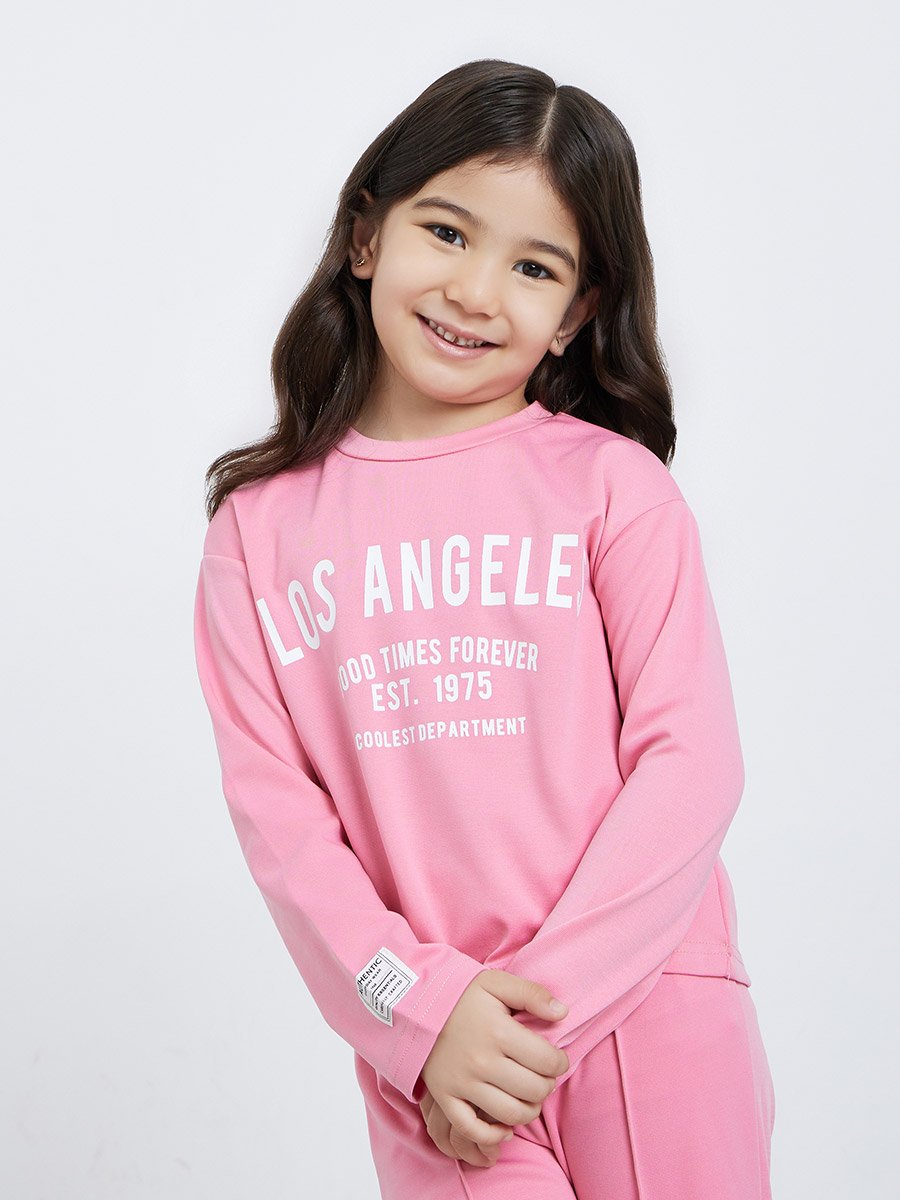 Girls Pink LA Print Top and Joggers Set