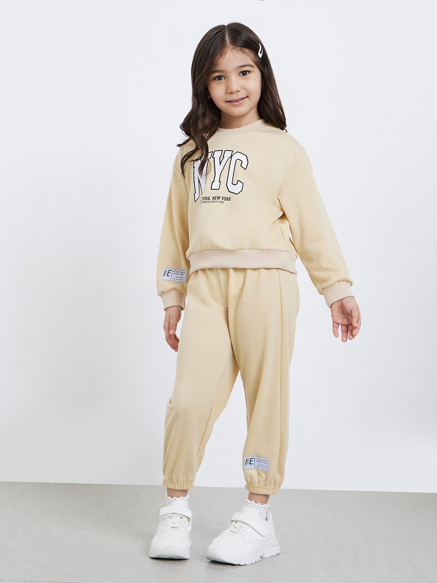 Girls Beige NYC Print Sweatshirt and Joggers Set