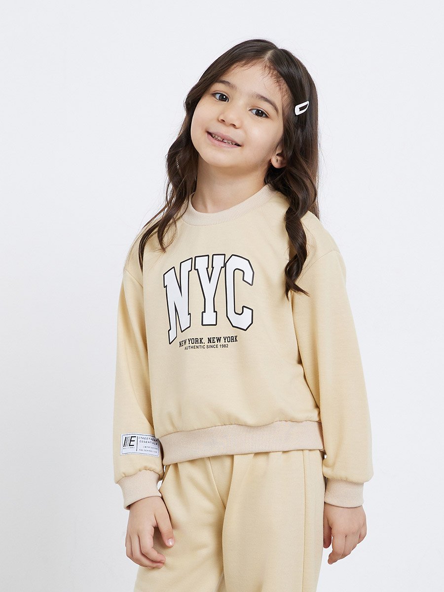 Girls Beige NYC Print Sweatshirt and Joggers Set