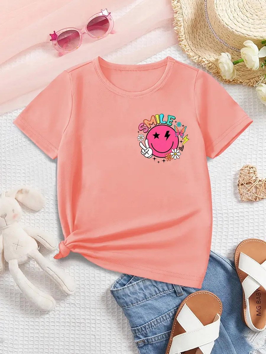 Girls Peach Emoji Graphic Print T-Shirt