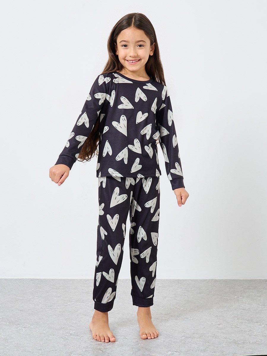 Girls Heart Print Top and Pyjama Set