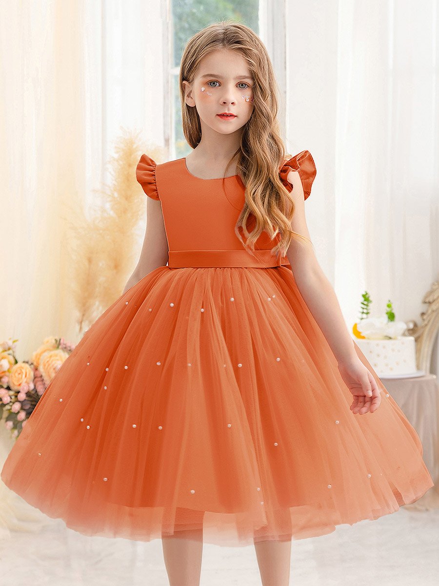 Girls Solid Bow Tie Deep V-Back Princess Party Dress