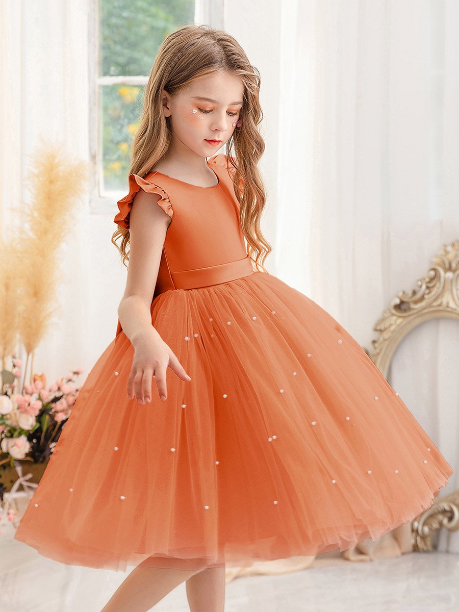 Girls Solid Bow Tie Deep V-Back Princess Party Dress