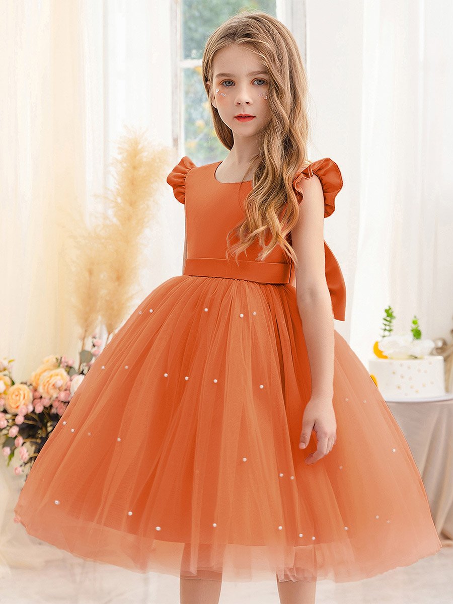Girls Solid Bow Tie Deep V-Back Princess Party Dress