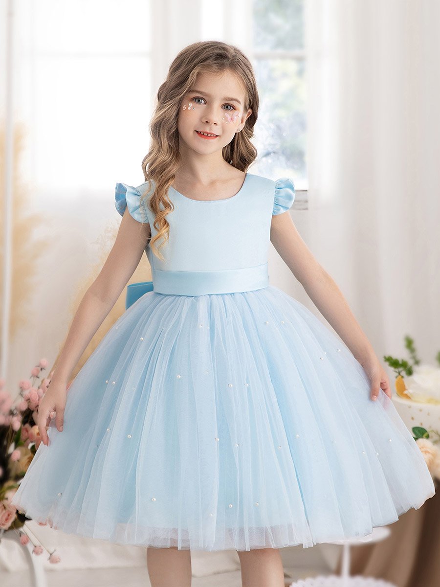 Girls Light Blue Faux Pearl Tulle Bow Detail Dress