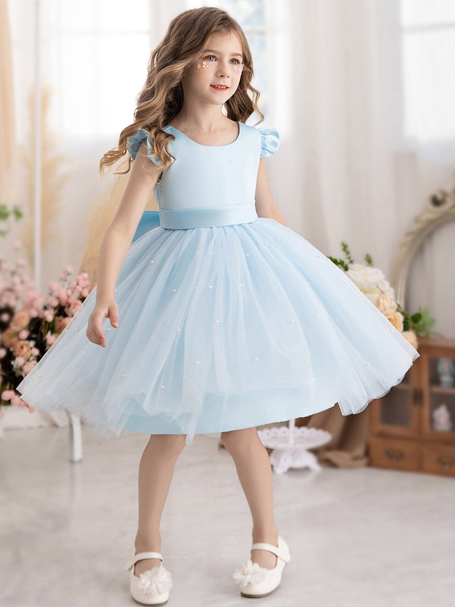 Girls Light Blue Faux Pearl Tulle Bow Detail Dress