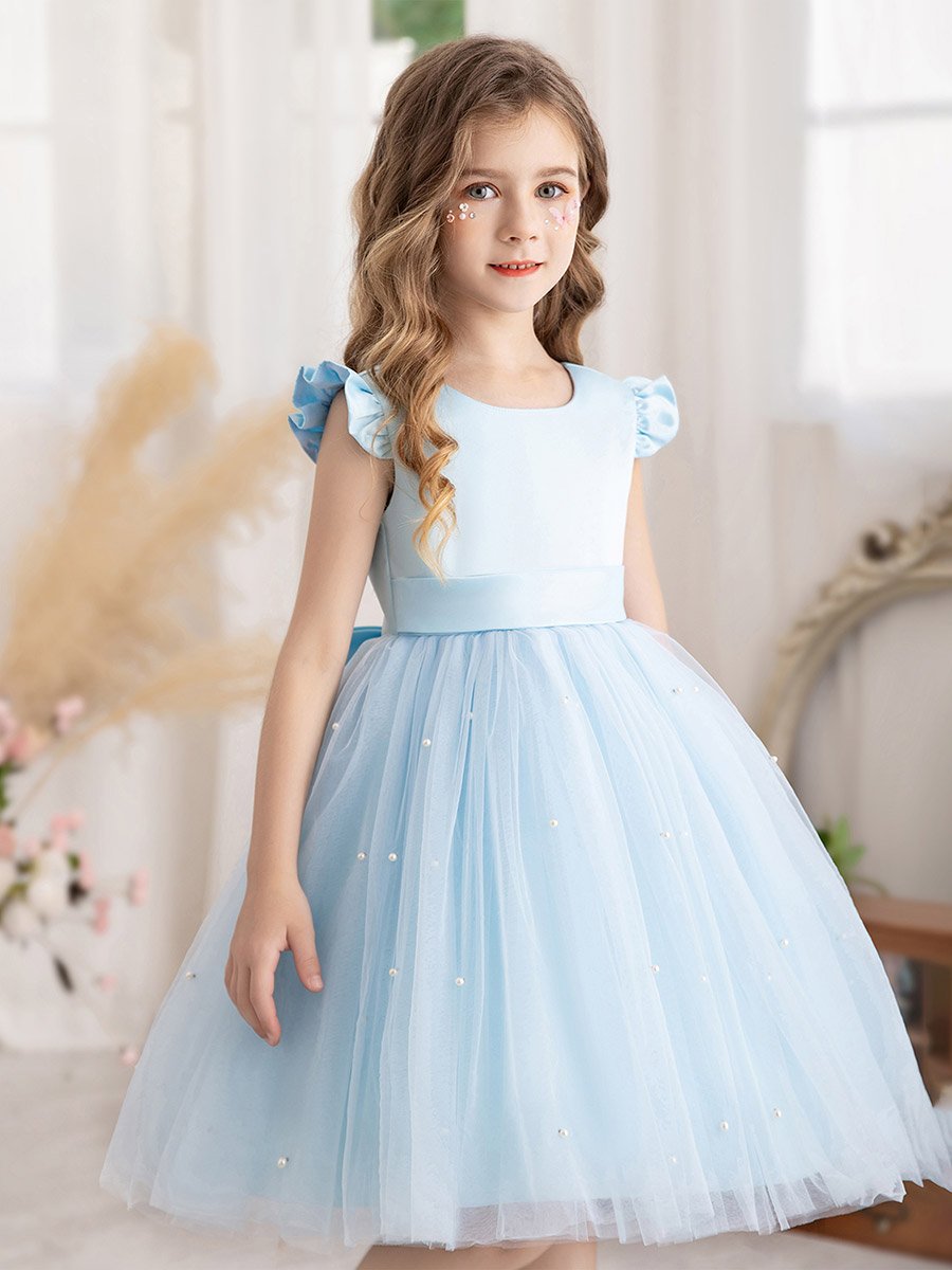 Girls Light Blue Faux Pearl Tulle Bow Detail Dress