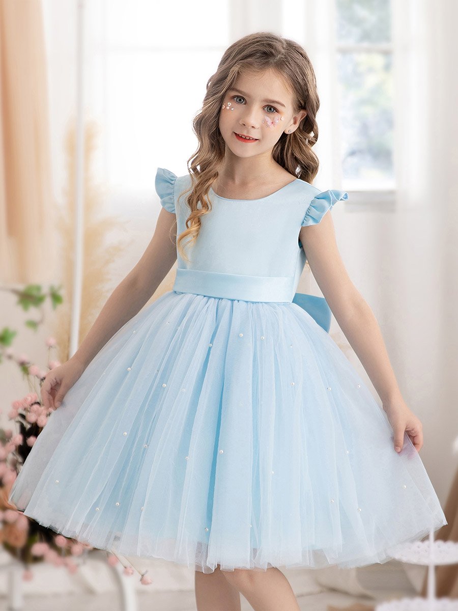 Girls Light Blue Faux Pearl Tulle Bow Detail Dress
