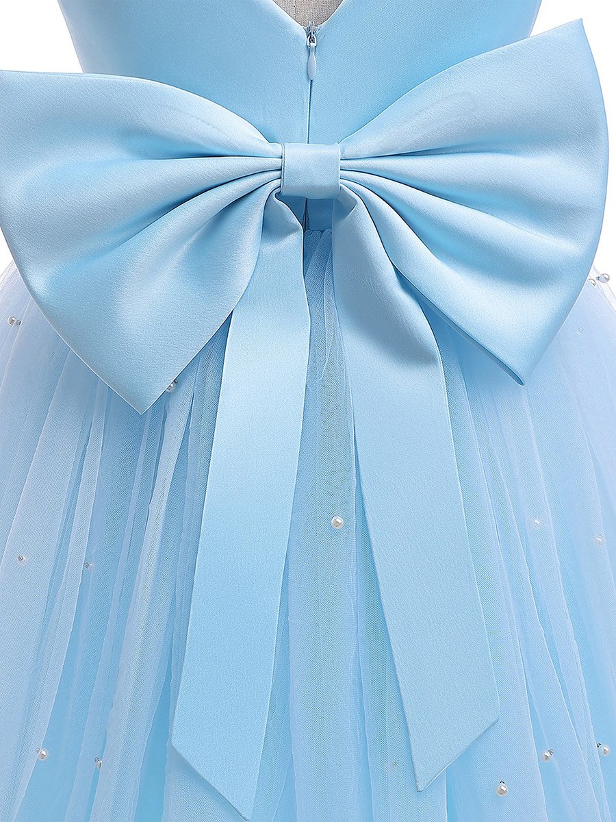 Girls Light Blue Faux Pearl Tulle Bow Detail Dress