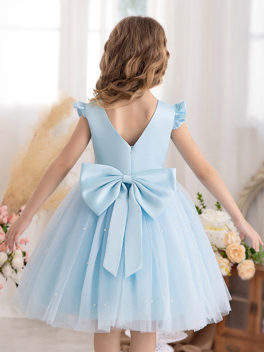 Girls Light Blue Faux Pearl Tulle Bow Detail Dress