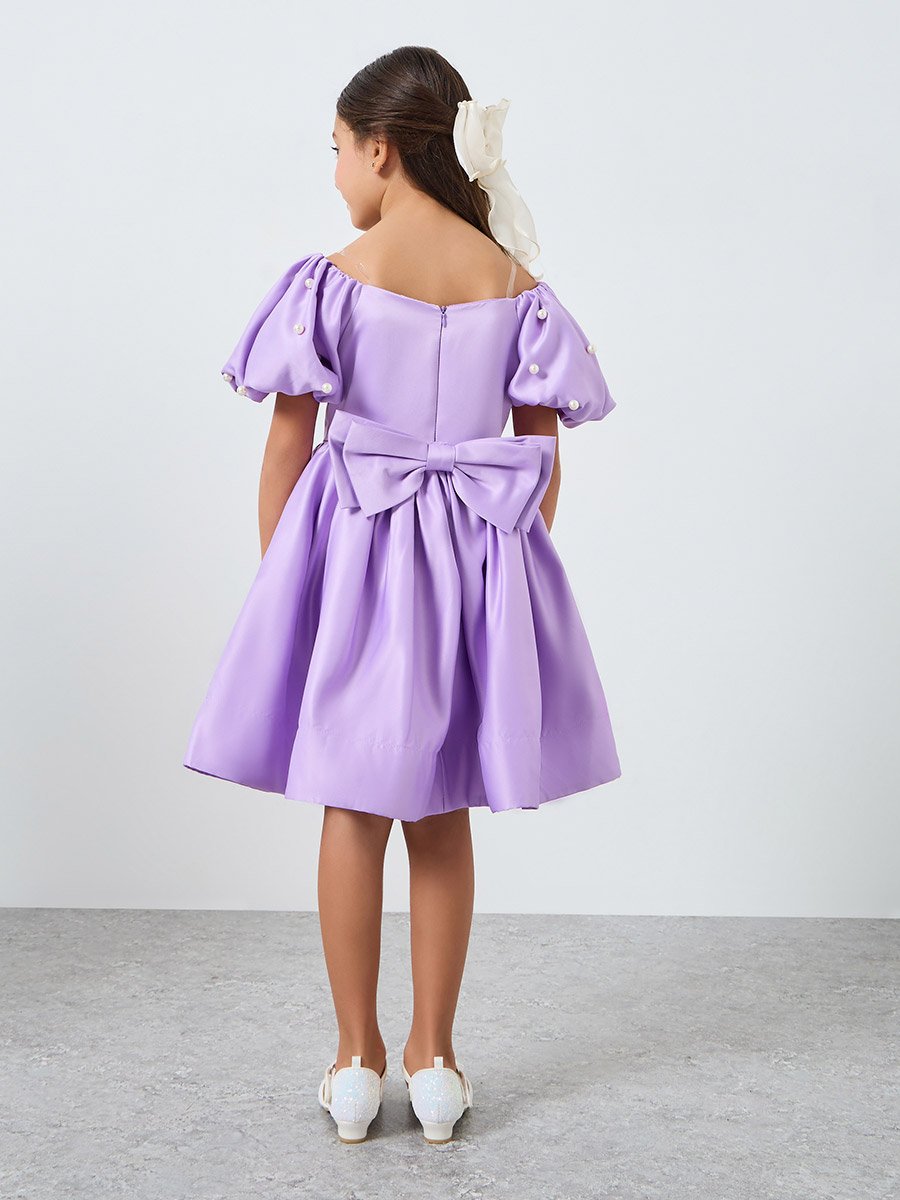 Girls Purple Satin Puff Sleeve Faux Pearls Detail Dress