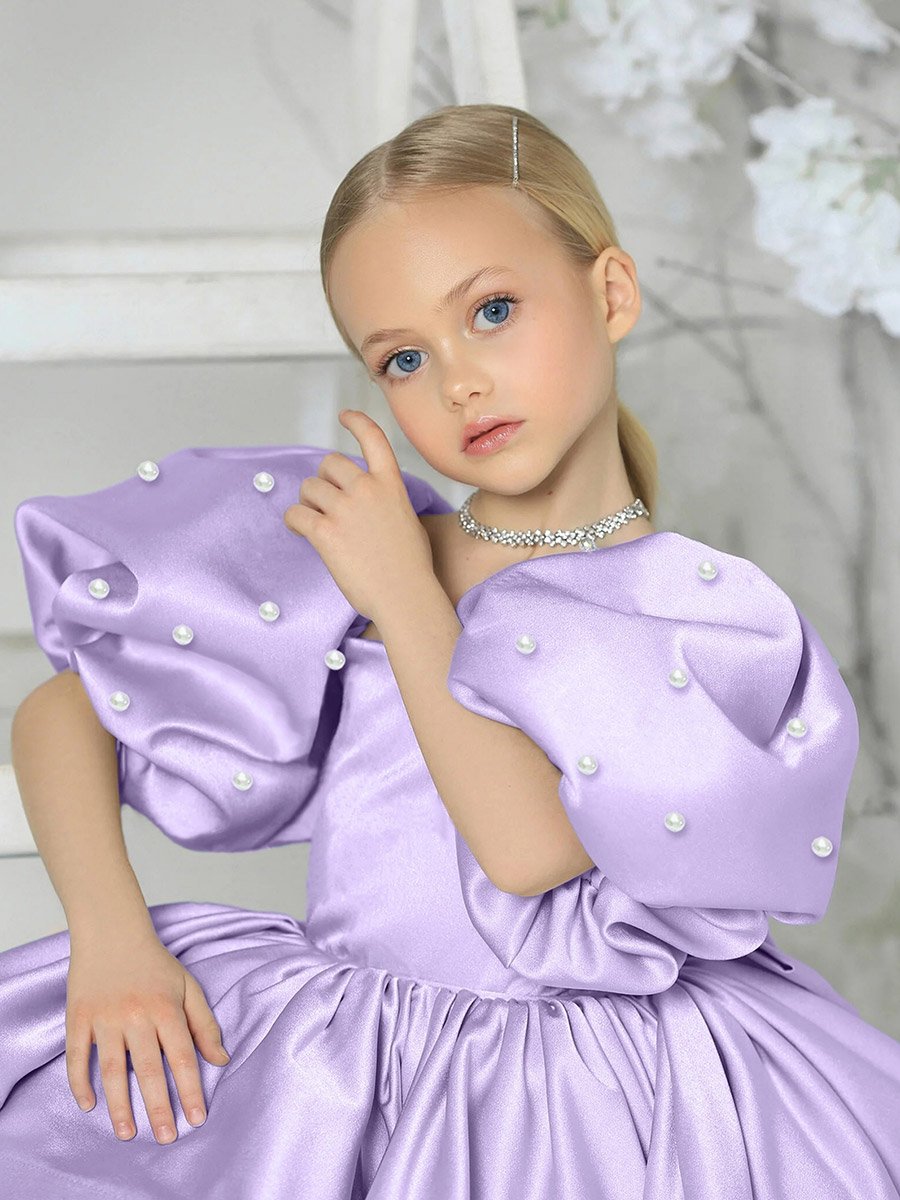 Girls Purple Satin Puff Sleeve Faux Pearls Detail Dress