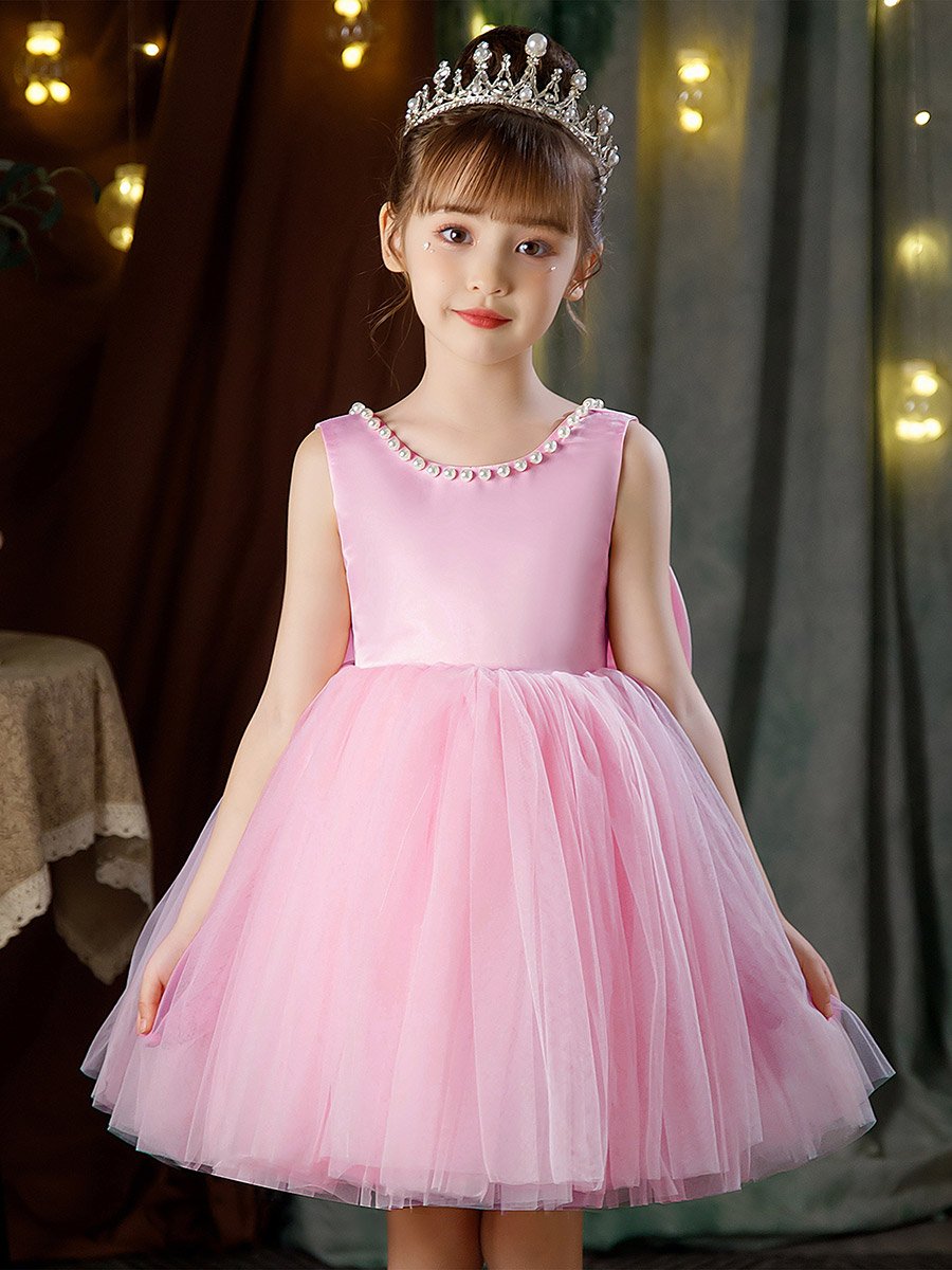 Girls Pearl Decor Bow Tie Deep V-Back Princess Party Dress