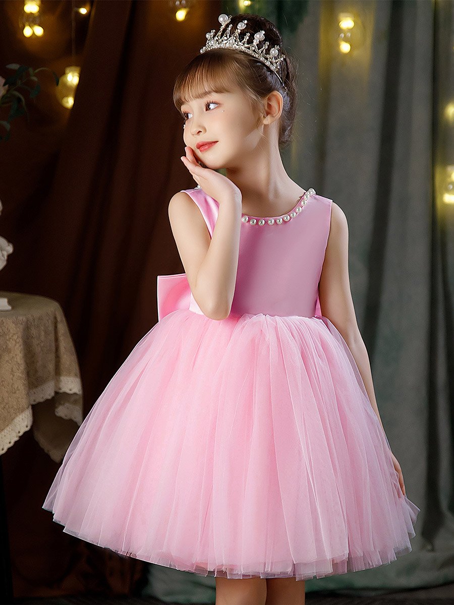 Girls Pearl Decor Bow Tie Deep V-Back Princess Party Dress