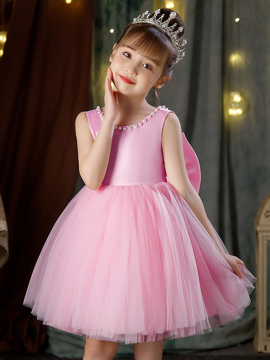 Girls Pearl Decor Bow Tie Deep V-Back Princess Party Dress