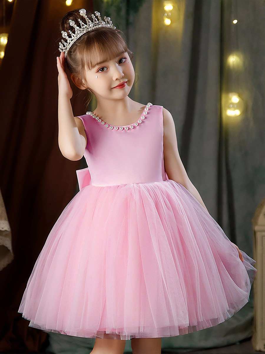 Girls Pearl Decor Bow Tie Deep V-Back Princess Party Dress