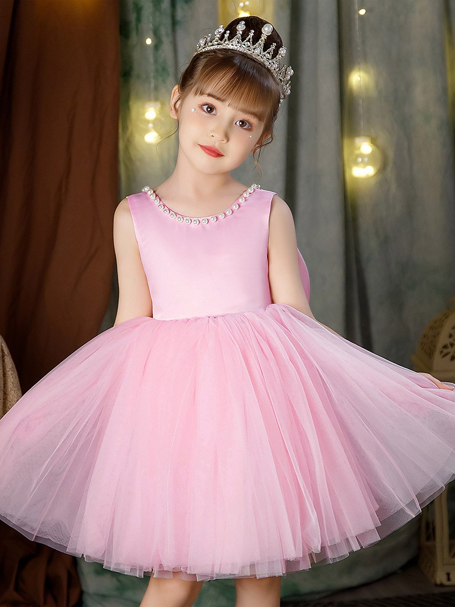 Girls Pearl Decor Bow Tie Deep V-Back Princess Party Dress