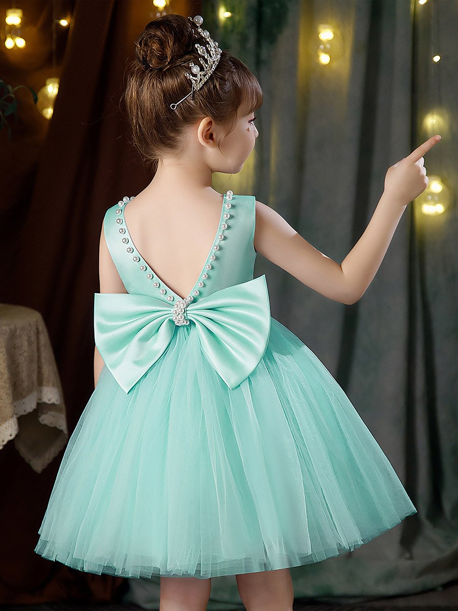 Girls Pearl Decor Bow Tie Deep V-Back Princess Party Dress
