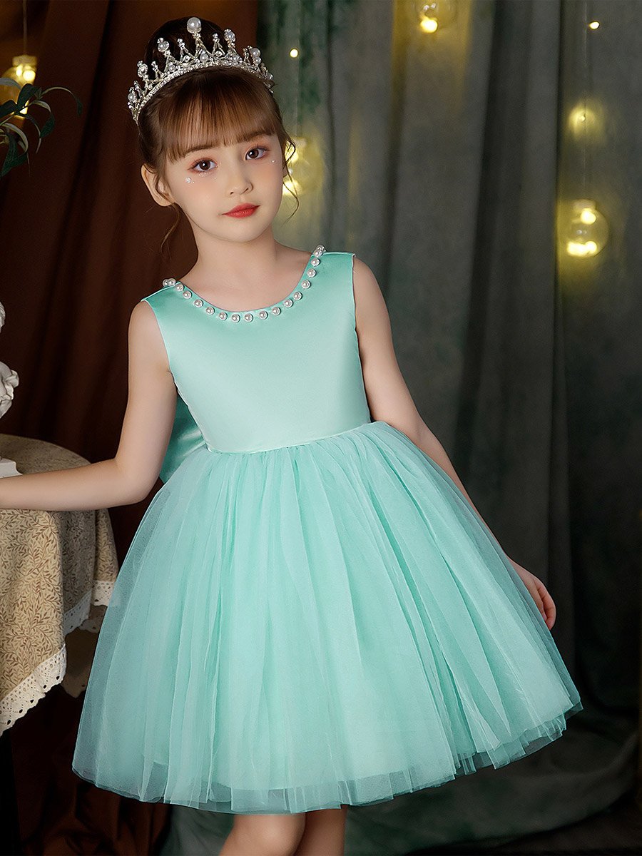 Girls Pearl Decor Bow Tie Deep V-Back Princess Party Dress