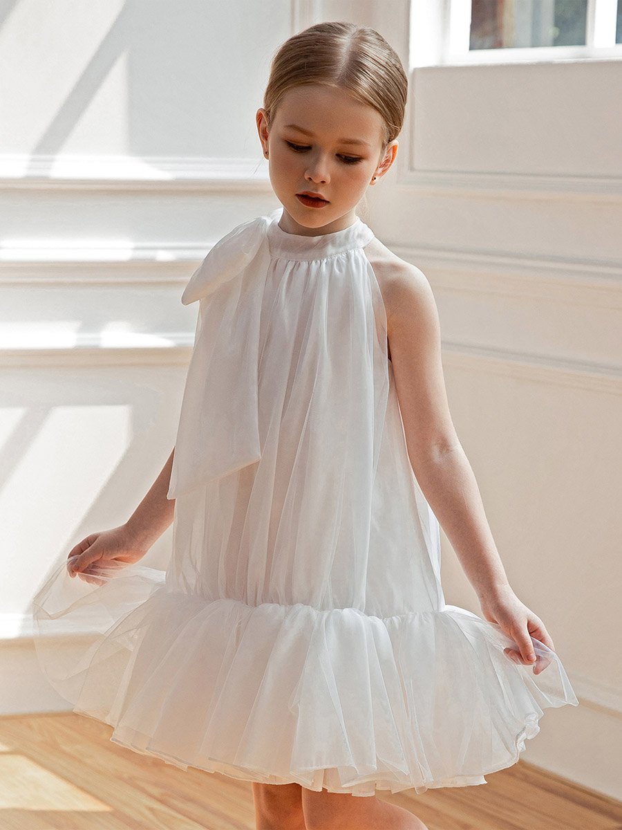 Girls Halter Bow Detail Ruffle Hem Party Dress