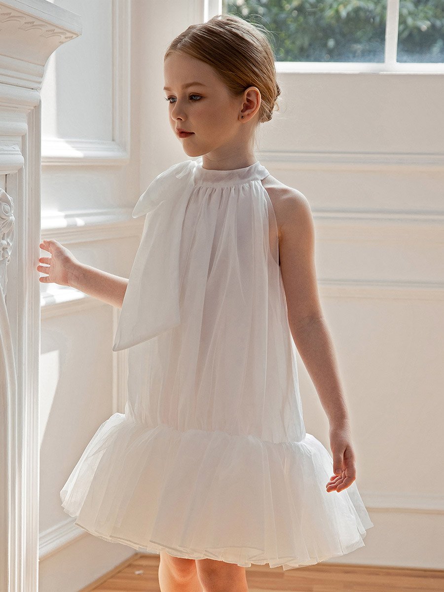Girls Halter Bow Detail Ruffle Hem Party Dress