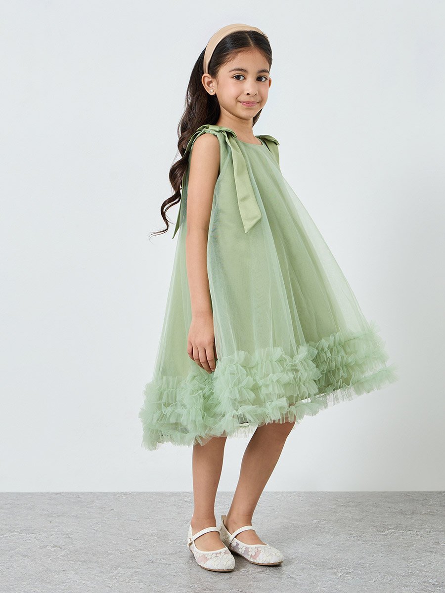 Girls Bow Tie Ruffle Hem Mesh Party Dress