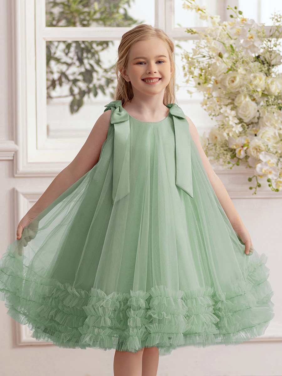 Girls Bow Tie Ruffle Hem Mesh Party Dress