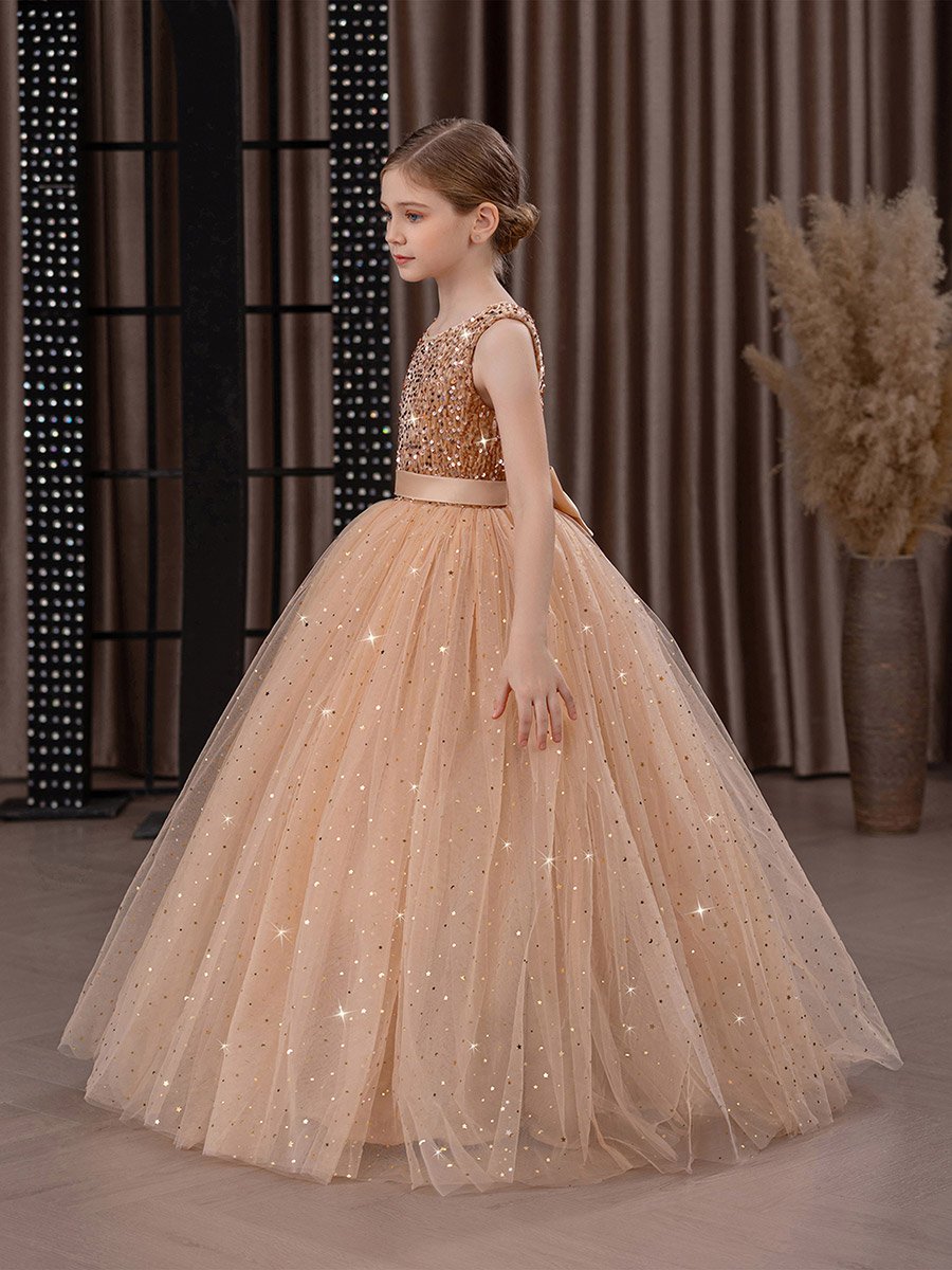 Girls Sequin Bow Detail Mesh Maxi Party Dress