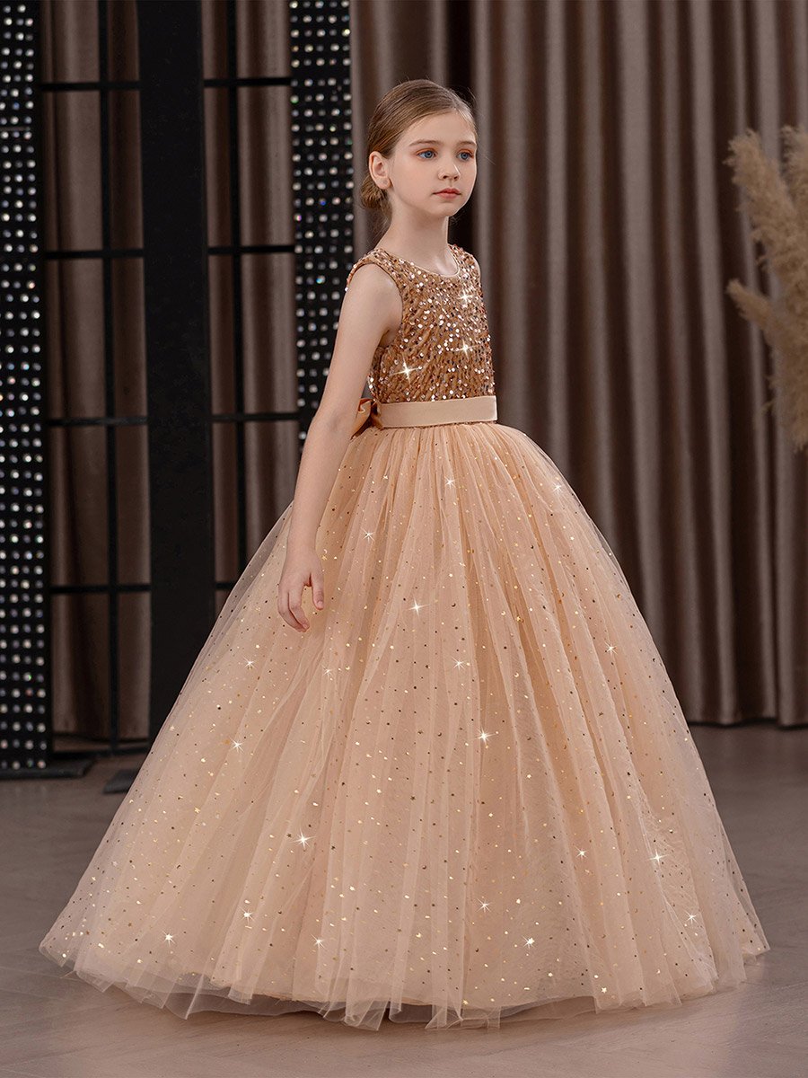 Girls Sequin Bow Detail Mesh Maxi Party Dress