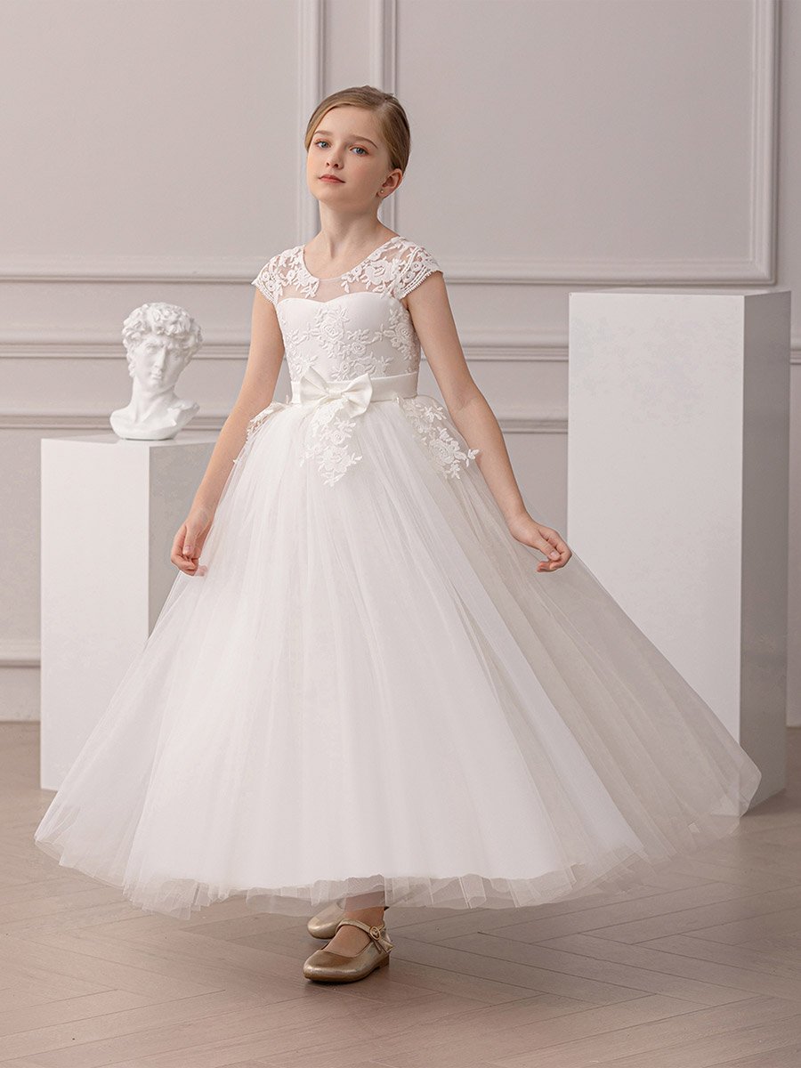 Girl Floral Lace Bow Detail Mesh Maxi Party Dress