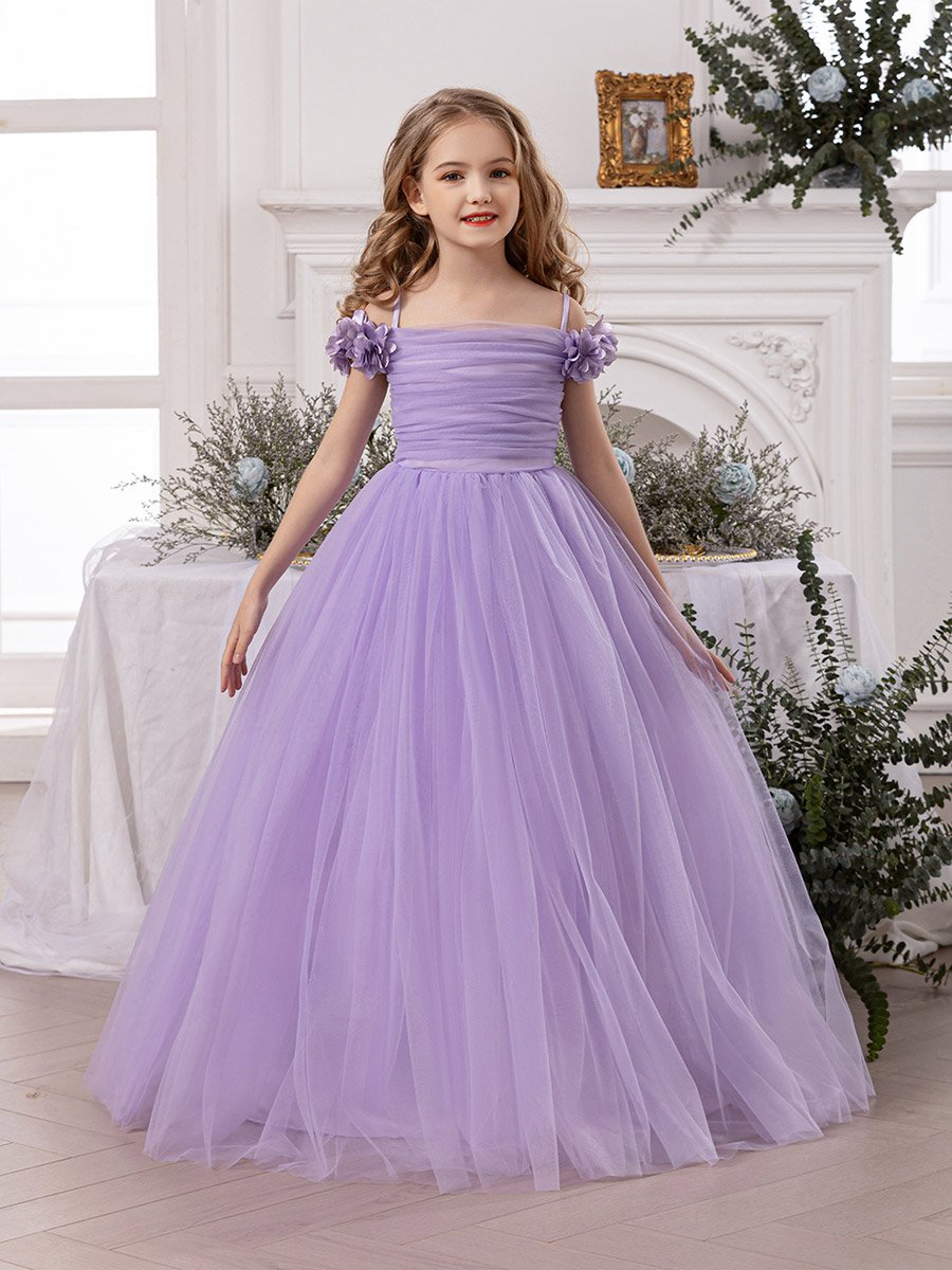 Girls Purple Ruching Detail Mesh Party Dress
